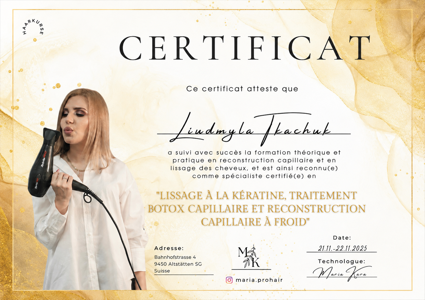 Certificat SUISSE en reconstruction capillaire